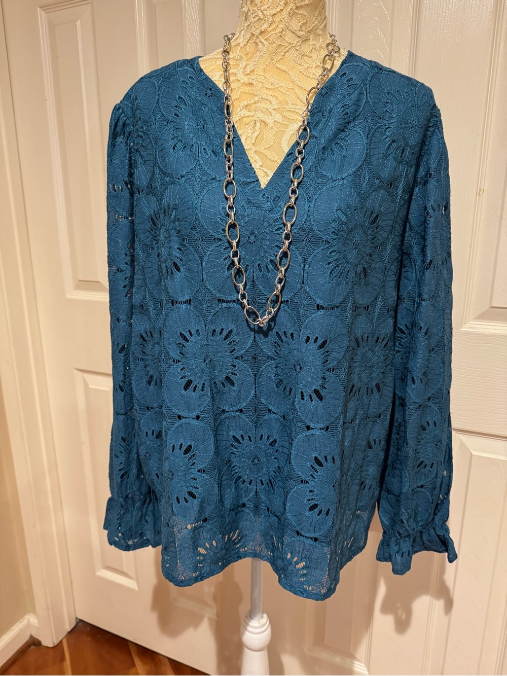 Teal Crochet V-Neck Long Sleeve Blouse